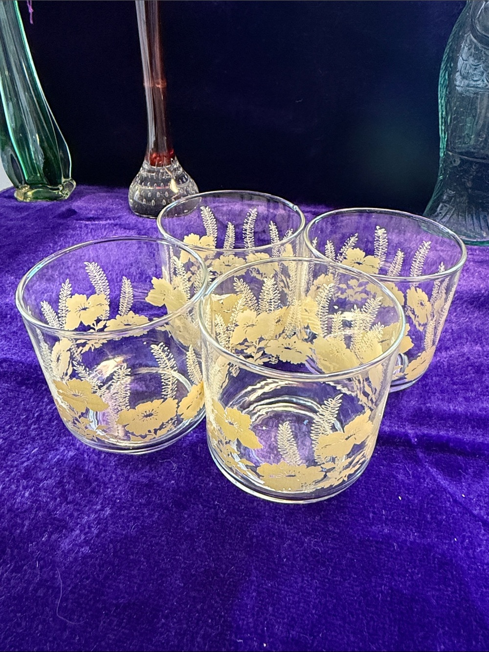 Vintage Libbey Clear Glass Mug Cream Yellow Fern Flowers set of 4 Glass Tumblers